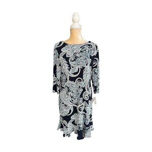 Studio One Paisley Flounce Bottom Shift Dress Size M Medium Blue Long Sleeve